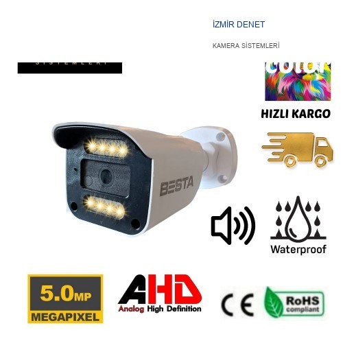 İzmir Denet 5 MP COAXIAL AUDIO DAHİLİ MİKROFONLU 8 ATOM WARM LED  FULL COLOR AHD Güvenlik Kamerası BT-1508