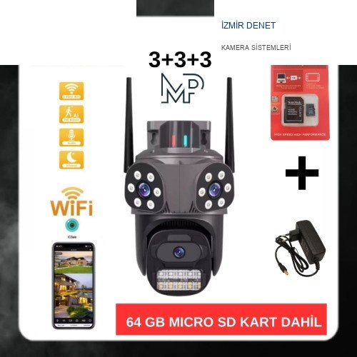 İzmir Denet Dış Mekan Üç Kameralı Gece Görüşlü Full Hd Ip Akıllı PTZ Güvenlik Kamerası 64 GB Micro SD Kart ve Adaptör Dahil BB-17352