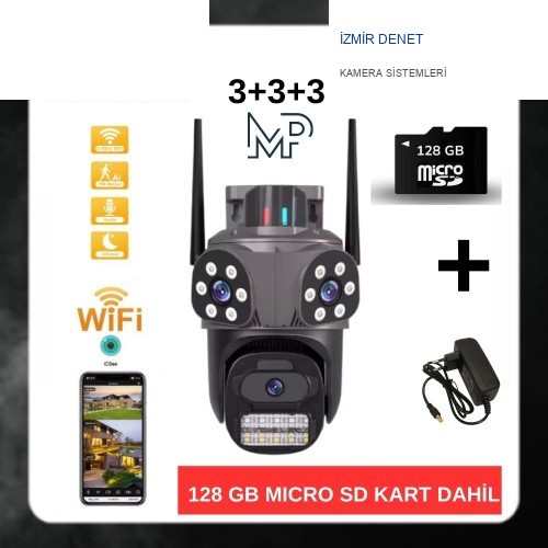 İzmir Denet Dış Mekan Üç Kameralı Gece Görüşlü Full Hd Ip Akıllı PTZ Güvenlik Kamerası 128 GB Micro SD Kart ve Adaptör Dahil BB-17358
