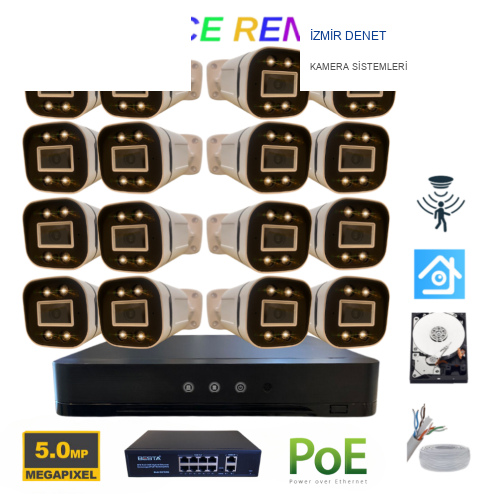 5MP 1440p Warm Led 16 Kameralı 2TB Harddisk Dahil IP Poe Güvenlik Kamerası Seti - ST-5162TBW