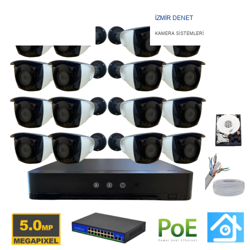 5MP 1440p 16 Kameralı 2TB Harddisk Dahil IP Poe Güvenlik Kamerası Seti - ST-5162TB