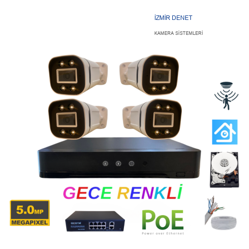 5MP 1440p Warm Led 4 Kameralı 250GB Harddisk Dahil IP Poe Güvenlik Kamerası Seti - ST-54250W
