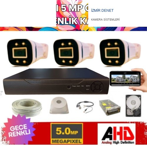 3 KAMERALI 5MP IŞIKLI GECE RENKLİ SESLİ 2 TB HDD DAHİL AHD GÜVENLİK SETİ- ST-352B