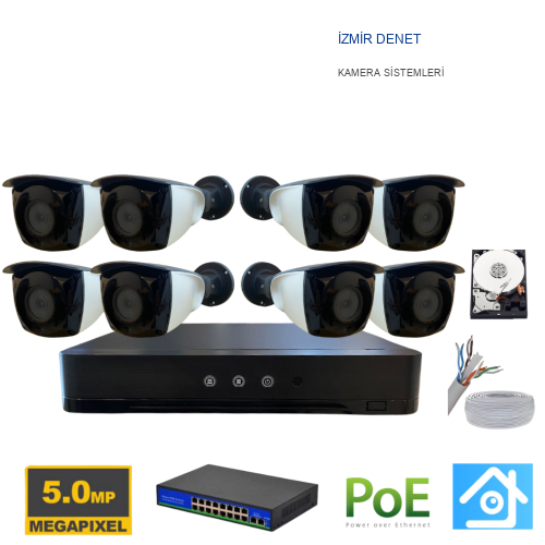 5MP 1440p 8 Kameralı 500GB Harddisk Dahil IP Poe Güvenlik Kamerası Seti - ST-58500