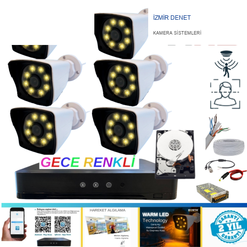 6 KAMERALI 5MP LENS 1080P WARM LED GECE RENKLİ 250 GB HDD DAHİL GÜVENLİK SETİ - 26250W