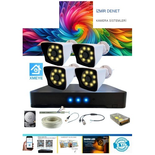 4 Kameralı Kare 4 Dış Kamera Set 500 GB HDD Dahil Full HD Renkli Gece Görüşlü Güvenlik Kamerası Sistemi