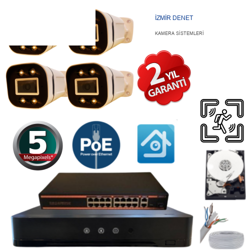 5MP 1440p Warm Led 4 Kameralı 1 TB Harddisk Dahil IP Poe Güvenlik Kamerası Seti - ST-541TW
