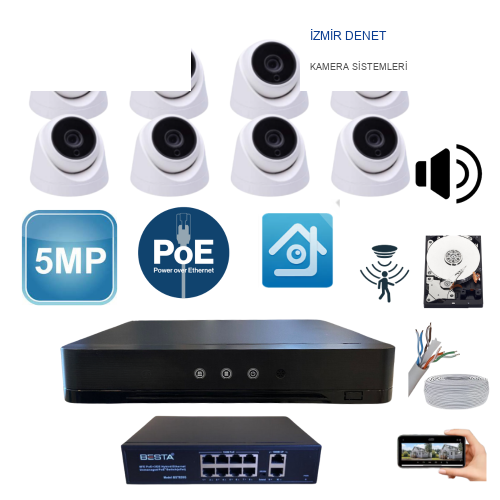 ARNA 8'Lİ 5 MP 3.6 MM 36 LED IP POE 1 TB HARDDİSK DAHİL GÜVENLİK KAMERASI SETİ - ST5811