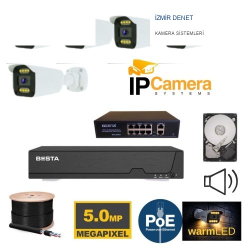 5 KAMERALI IP GÜVENLİK SETİ 5 MP SESLİ H.265+ FULL COLOR 2 TB HDD DAHİL