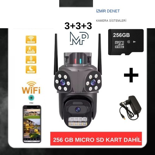 İzmir Denet Dış Mekan Üç Kameralı Gece Görüşlü Full Hd Ip Akıllı PTZ Güvenlik Kamerası 256 GB Micro SD Kart ve Adaptör Dahil BB-17356