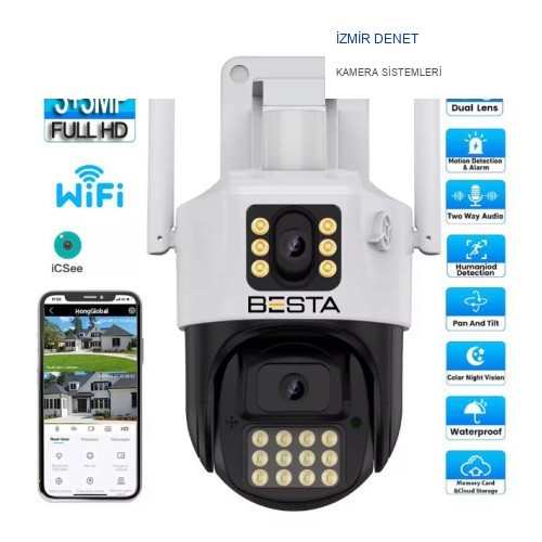 İzmir Denet Dış Mekan Çift Kameralı Gece Görüşlü Full Hd Ip Akıllı Güvenlik Kamerası PTZ GÜVENLİK KAMERASI BB-1729